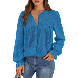 PRETTYGARDEN Lace Long Sleeve Shirts Casual Button Down Going Out Tops Hollow Out Eyelet Blouses 2026 Spring Fashion Clothing(Lake Blue,Medium) (M)