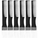 2 x FUTAI Salon Style Hair Combs Black 6 Packs Handmade Hair Pick Barber Comb Carbon Fiber Lift Teasing Comb with Stainless Steel Metal Prong