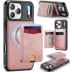 for iPhone 17 Pro Max Wallet Case Compatible with Magsafe, Magnetic RFID Blocking Card Holder Kickstand 2 in 1 Detachable Case for iPhone 17 Pro Max 6.9", Rose Pink