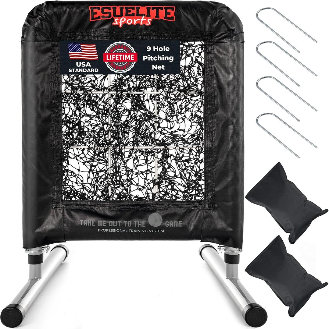 Heavy-Duty 9 Hole Pro Style Baseball & Softball Pitching Net with Strike Zone Target - Adjustable Portable Design for Training, Includes 4 Stakes & 2 Sandbags（Black Pro
