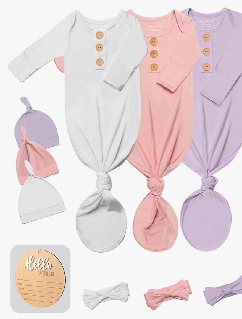 3 PK Baby Knotted Gowns Set with Mittens, Hats, Headbands & Wooden Name Tag for Breathable Newborns Going Home Outfit Newbord