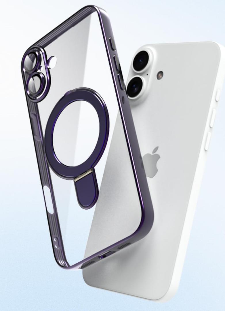 Tnarru Designed for iPhone 16 Plus Case with Stand [Magnetic Ring Holder] [Built-in Camera Lens Protector] Slim Anti-Scratch Non-Yellowing for iPhone 16 Plus Clear Case Purple
