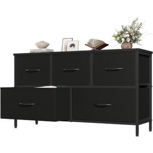 OLIXIS 5 Drawer Black Dresser for Bedroom, Closet Chest Organizer Furniture | TV Stand for Living Room Hallway, Wide Fabric Storage Tower with Wooden Top and Metal Frame