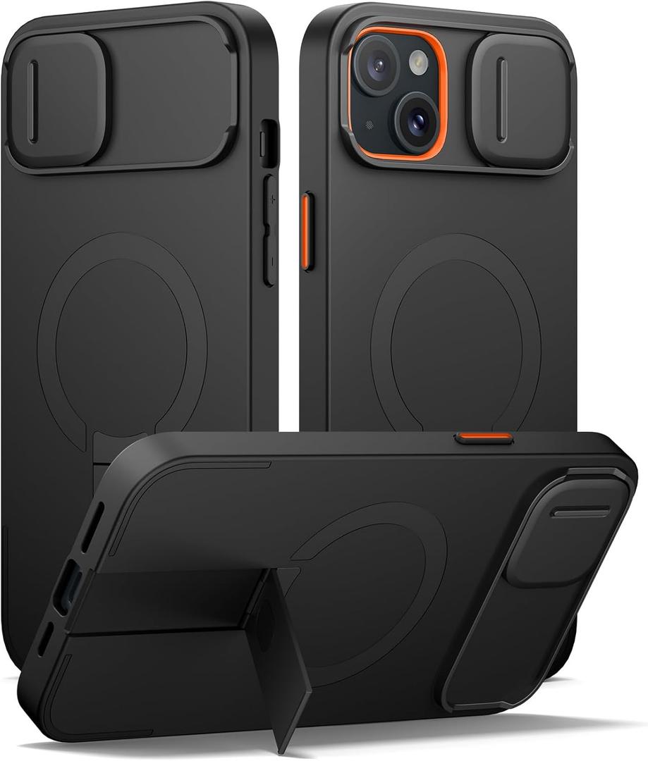 SURITCH for iPhone 14 Plus/15 Plus Case with Magnetic Camera Slide Cover and Adjustable Kickstand, Compatible with MagSafe, Shockproof Bumper Case Slim Protective Cover 6.7 Inch, Black