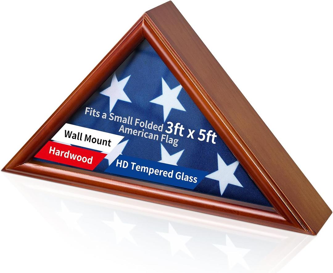 Wooden Flag Box Display Case for Small 3'x5' Folded American Flag (Not fit 9.5'x5' Burial Flag), Military Veteran Flag Shadow Box with HD Tempered Glass, Wall Mounted Triangle Flag Frame, Brown Finish