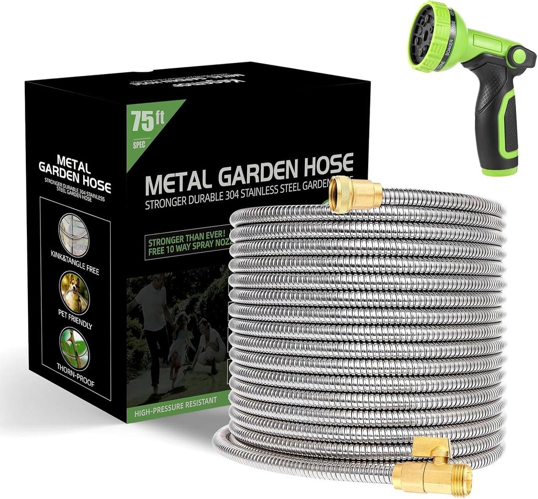 Metal Garden Hose 75 ft Water Hose 304 Stainless Flexible Lightweight Outdoor Yard Strong Durable Heavy Duty Hose Pipe with 10-Way Nozzle Solid 3/4" Brass Connectors No Kink Leakproof Outside