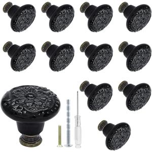 Biaungdo 12 Pcs Black Ceramic Vintage Round Drawer Knobs - Retro Ceramic Dresser Knobs and Pulls for Cabinet, Drawer, Cupboard