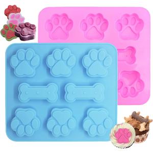 2 Pack Silicone Molds - Puppy Dog Paw & Dog Bone Shapes for Baking Chocolate, Candy, Jelly, Ice Cube Treats (Blue and Pink)