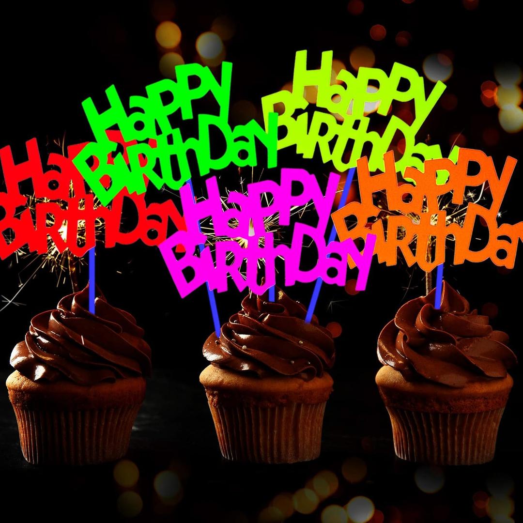 24 Pieces Neon Cupcake Toppers Neon Birthday Decorations Happy Birthday Cake and Cupcake Toppers for Glow Party Wedding Decoration Black Light Reactive Party Halloween Christmas