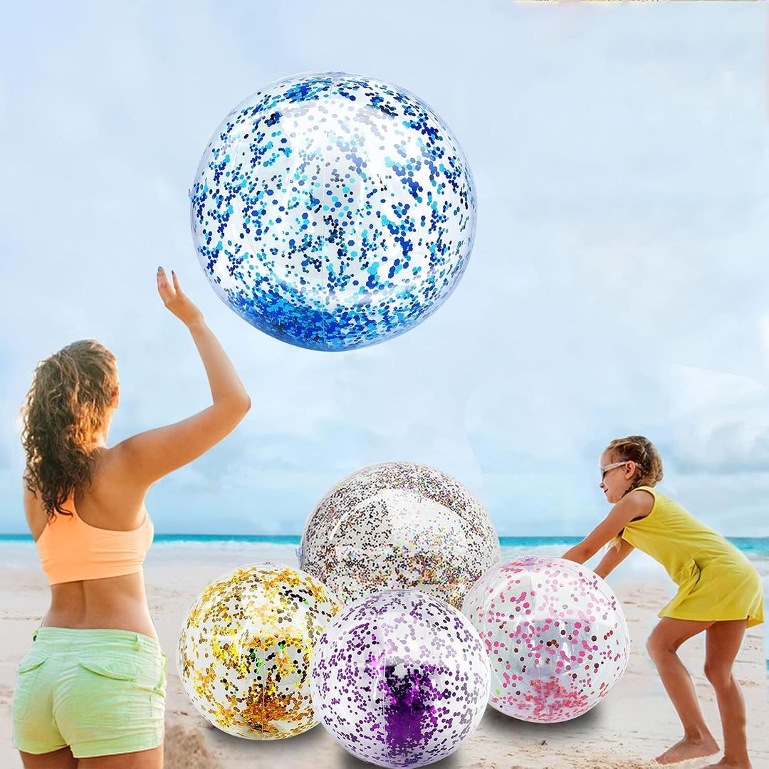 TURNMEON 5 Pack Sequins Beach Ball Jumbo Pool Toys Balls 16 Inch 24 Inch Giant Confetti Glitters Inflatable Clear Beach Ball Swimming Pool Water Beach Toys Outdoor Summer Party Favors for Kids Adults