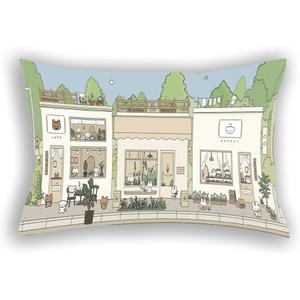 Cute Pillowcases Kawaii Pillowcase, Anime Bunny and Bear Aesthetics Pillow Case,Pastel Beige Brown and Green Cute Pillow Cases,Anime Street Plant Aesthetics Pillow Covers 20"x30" Inches