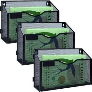 3 Packs 1 Tier A4 Mesh in Tray Hanging Wall File Holder Magazine Document Holder Mail Organiser Magazine Storage Rack,Durable Metal Mesh Filing Storage, Black