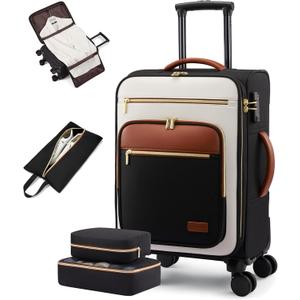 LOVEVOOK Carry on Suitcase 22x14x9 Airline Approved,20 inch Lightweight Waterproof Suitcases with 360° silent swivel wheels, TSA Lock and Compartment, Large Capacity travel Suitcase Black-White-brown