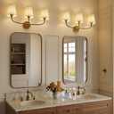Bathroom Light Fixtures Over Mirror, 3 Light Vanity Light for Bathroom, Black Gold Vanity Light Fixtures with Flared Ivory White Fabric Shade, E26 Socket Modern Sconce Wall Decor(ETL Listed)