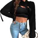BEJONS Women Long Sleeve Cropped Super Crop Top Hoodies Sweatshirt Aesthetic Punk Hip Hop Dance Sexy Rave Cloth (Black, M)