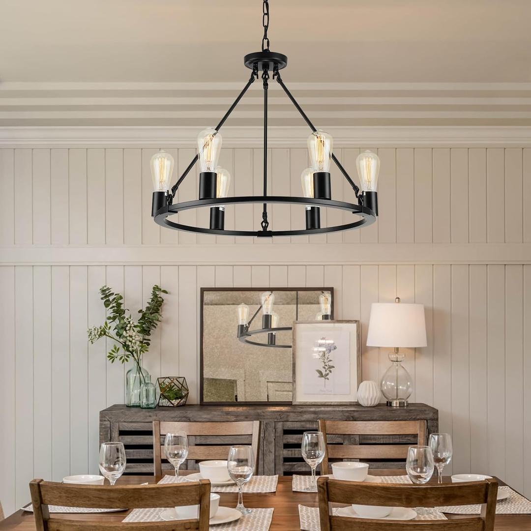Black Chandelier, 6-Light Dining Room Light Fixture, Round Farmhouse Wagon Wheel Chandeliers for Dining Room Living Room Entryway Kitchen Island Dia 24", D24'' 6-Light