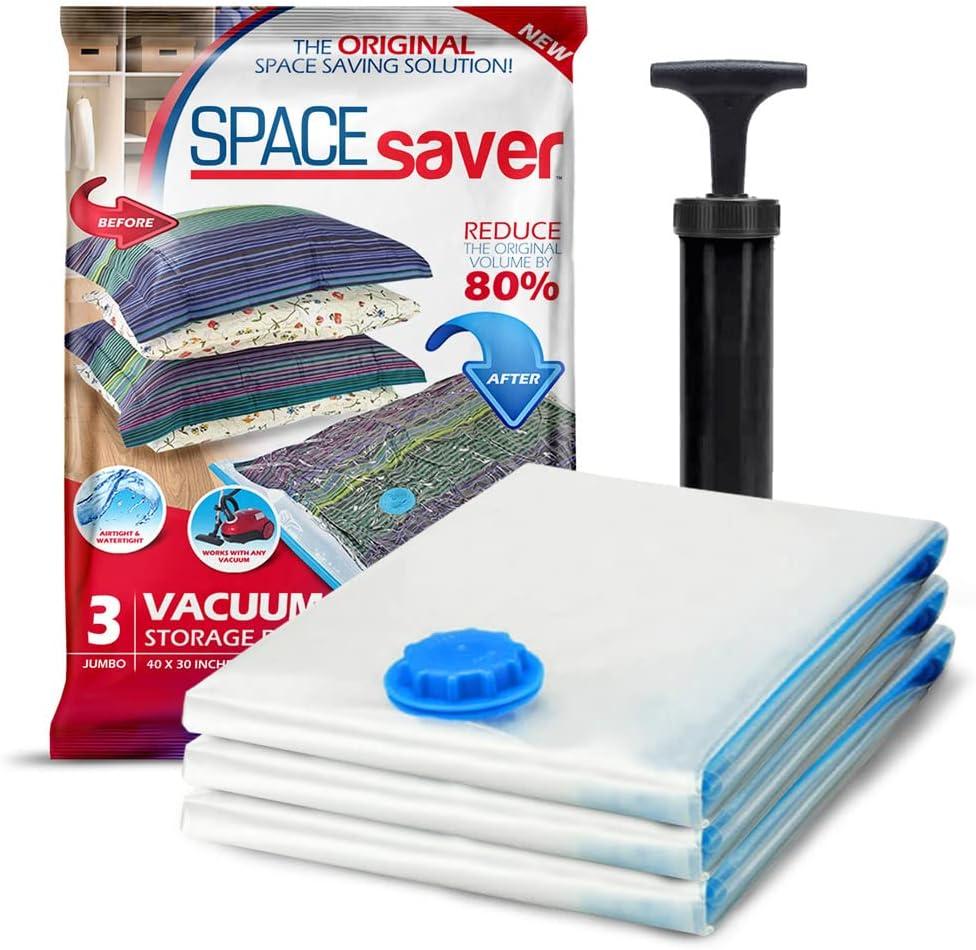 Spacesaver 3 Pack Jumbo Vacuum Storage Bags - 40" x 30 Heavy Duty Blanket Storage Bag with Pump - Space Saver for Clothes, Comforters, and Bedding - Compression Bags to Store Blankets for Travel Spacesaver 3 Pack Jumbo Vacuum Storage Bags - 40" x 30 Heavy Duty Blanket Storage Bag with Pump - Space Saver for Clothes, Comforters, and Bedding - Compression Bags to Store Blankets for Travel