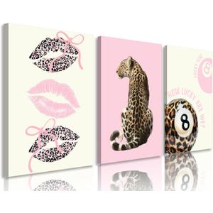 3Pcs Framed Leopard Wall Art Trendy Pink Lips With Bow Canvas Funky Cheetah Wall Decor Pictures Fashion Lucky 8 Ball Poster Prints for Dorm Bedroom Ready to Hang 16x24in