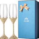 Gold Champagne Flutes - Crystal Glass Metal Base With Crystal Stones, Set of 2 Toasting Flute Pair, Wedding Anniversary Party Birthday Banquets and Gifts for Bride and Groom (Gold)