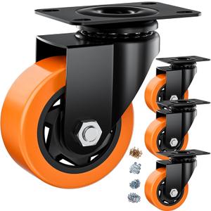 3 Inch Caster Wheels, Casters Set of 4 Heavy Duty, Orange Polyurethane (PU) Casters, Industrial Swivel Top Plate Castor Wheels for Workbench/Furniture/Cart (Pack of 4)