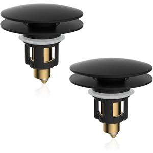 iFealClear 2 Pack Universal Bathroom Sink Stopper, Pop Up Sink Drain Strainer with Hair Catcher Basket, Fit 1.1"-2.36" US Basin, Wash Basin Drain Plug, Big Cover Cap, Brass Bounce Core, Matte Black