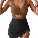 B2prity Women Mesh One Piece Swimdress Swimsuit Tummy Control V Neck Cutout Bathing Suit Wrap Drawstring Sarong Swimwear (M)