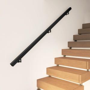 JUBEST Modern Handrail  8FT Staircase Handrails with Adjustable Wall Mount Brackets, Powder Coated Finish, Heavy-Duty Handrails for Indoor & Outdoor Use, Black