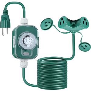 Feekoon 20FT Outdoor Extension Cord with Timer, 2 Outlet Plugs, 16AWG SJTW Green Splitter with Weatherproof Covers, Wire Grounded with Multiple Outlets for Halloween Christmas Landscaping Light