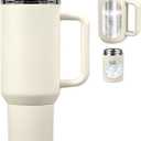 40oz Insulated Tumbler with 2-in-1 Lid and Straw, Bottom Detachable 2-in-1 Tumbler with Handle Stainless Steel Water Bottle Reusable Coffee Tumbler Travel Mug Wide Mouth Thermal Cup (Beige)