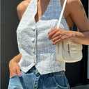 MakeMeChic Women's Plaid Halter Top Button Front Sleeveless Summer Going Out Crop Tops Blue Medium