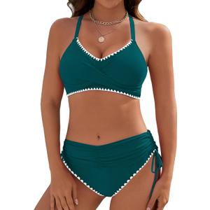 Women's Bikini Sets V Neck High Waisted Swimsuits Shell Stitched Two Piece Swimsuit Tie Side Swimwear L
