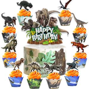 Dinosaur Cake Toppers & Decorations - 49 Pcs, Cupcake Wrappers, Baby Shower & Kids Party Supplies