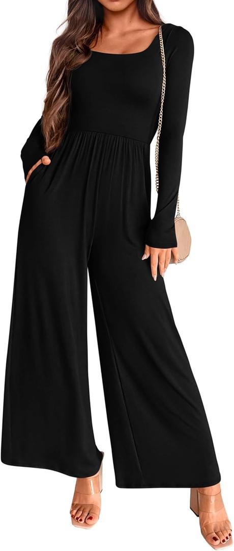 KIRUNDO Long Sleeve Jumpsuit for Women 2026 Spring Outfits Summer One Piece Square Neck Wide Leg Pants Romper With Pockets L