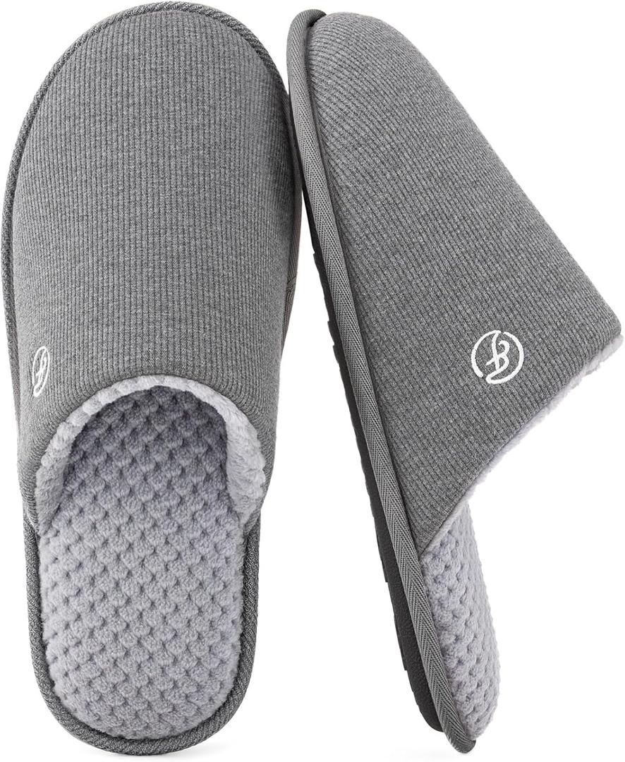 EverFoams Men's Cotton Knit Slippers Lightweight Memory Foam Indoor House Shoes with Anti-Skid Sole (11-12, Grey)