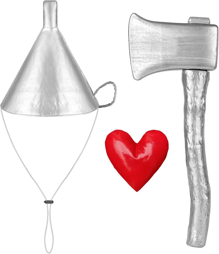 3 PCS Silver Funnel Hat Axe with Heart Brooch,Halloween Tin Costume Accessories for Adult,Kids Cosplay Party