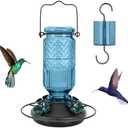 FEED GARDEN Glass Hummingbird Feeder for Outdoors Hanging, 16 OZ Humming Birds Feeders with 4 Bee Guard Feeding Ports & Built-in Ant Moat, Hummingbird Gifts for Mom, Bird Feeder for Outside, Blue