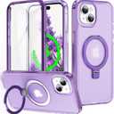 for iPhone 15 Full Body Shockproof Case with Magnetic Invisible Stand [Compatible with MagSafe] Built-in Screen Protector Military Drop ProtectionTranslucent Phone Cover -Purple