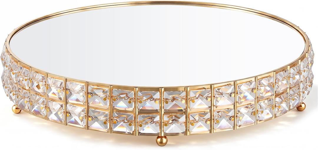 LemonRoad Crystal Cake Stand with Mirror, Gold Round, 14 Inch