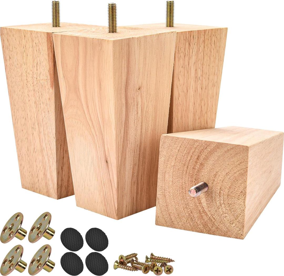 5 inch Solid Wood Furniture Legs, 4Pcs Mid-Century Modern Wooden Pyramid Replacement Feet with Threaded 5/16'' Hanger Bolts & Mounting Plate & Screws for Sofa Couch Chair Recliner (Unfinished)