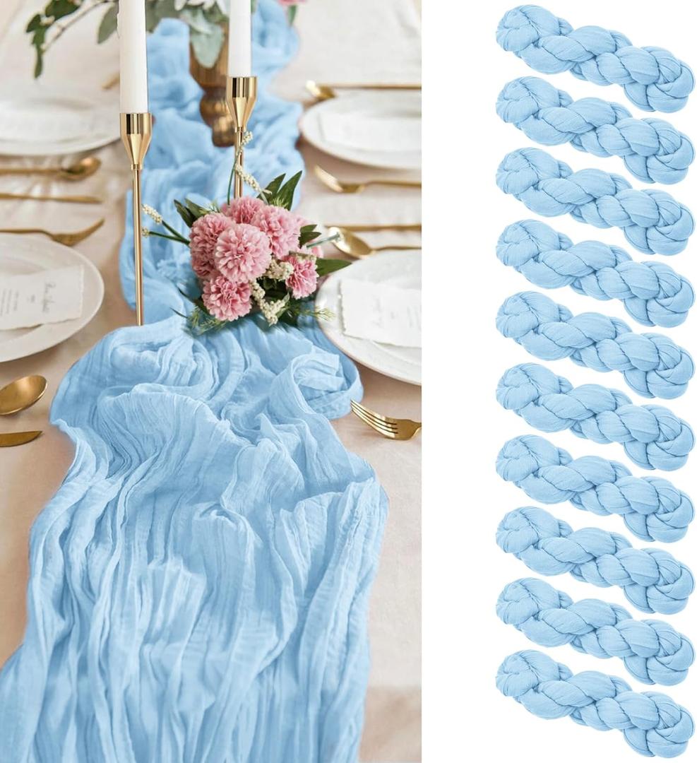 10Pack Baby Blue Cheesecloth Table Runner, 10FT Gauze Cheesecloth Fabric Semi-Sheer Runner for Wedding Reception, Boho Rustic Wedding Party Sheer Bridal Shower Decor (10Pack-35120 Inch)