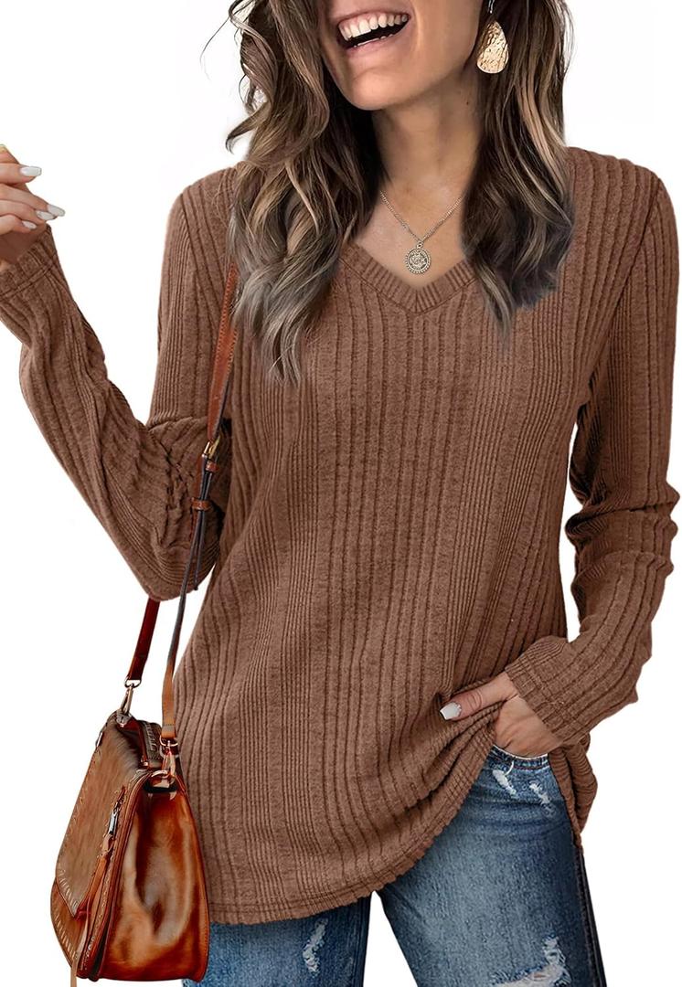 Lafural V Neck Long Sleeve Shirts for Women Casual Fall Tops Lightweight Tunic Sweaters Fashion Clothes 2024 (Brown, XXL)