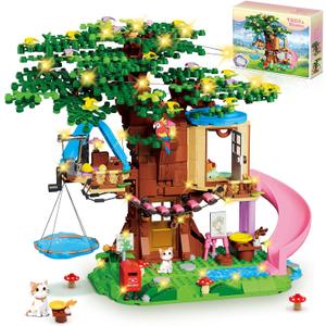 Treehouse Building Set Compatible with Friends, 731PCS Girls Forest Tree House Building Kit Toys with LED Light, Cat, Slide and Sky Hammock, Christmas Birthday Gifts for Kids Girls 6-12 Years Old
