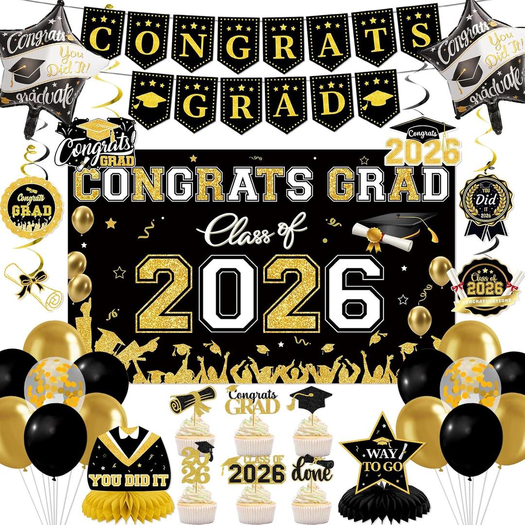 Graduation Decorations 2026 Set: Class of 2026 Decorations with Congrats Grad Banner Backdrop Balloons Cupcake Toppers Hanging Swirls Honeycomb Centerpieces for Grad Party Decorations