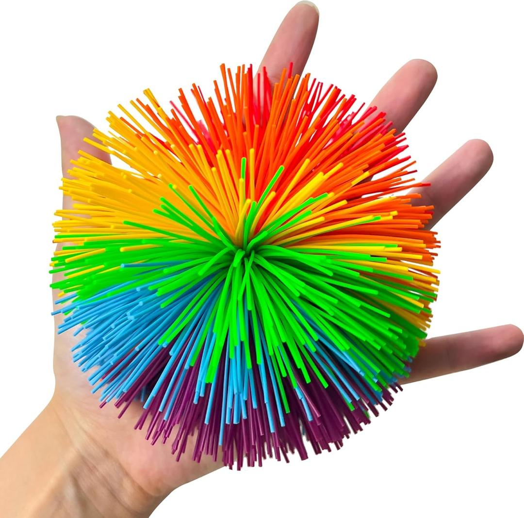 4.5 Inch Large Rainbow Stringy Ball - Silicone Bouncing Fluffy Juggling & Stress Ball for Kids & Adults