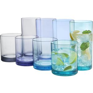 US Acrylic Classic Plastic Reusable Drinking Glasses (Set of 8) 12oz Rocks & 16oz Water Cups in Coastal Colors | BPA-Free Tumblers, Made in USA | Top-Rack Dishwasher Safe
