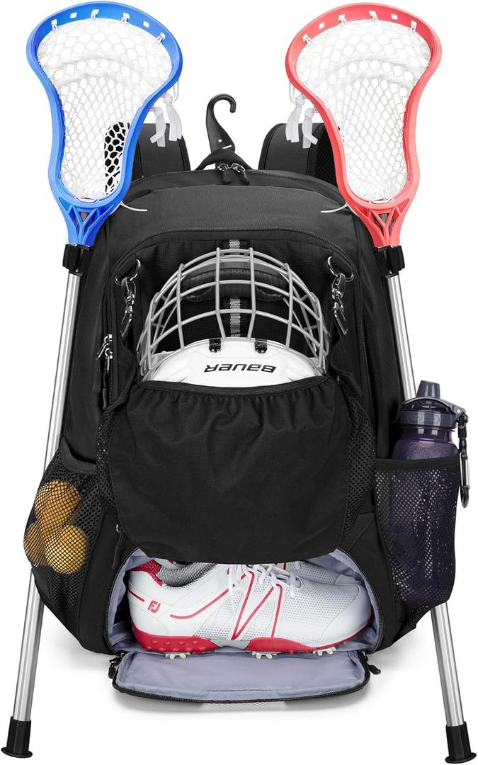 Goburos Lacrosse Equipment Backpack with Stick Holder & Hidden Zipper Net, Separate Ventilated Shoe Space, Holds All Lacrosse or Field Hockey Gears, Up to US Mens 13 (Black)