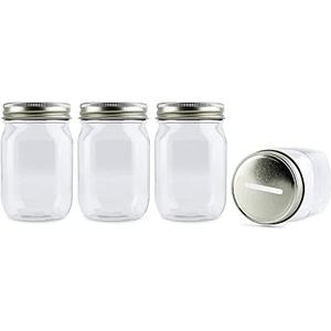 Cornucopia Brands Small Coin Bank Jars (4-Pack, Clear); 16oz Clear Plastic Mason Jar Coin Banks w/Gold Slotted Lids