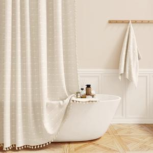 BTTN Stall Shower Curtain - 60x84 Long Boho Farmhouse Linen Weighted Fabric Shower Curtain Set with 10 Plastic Hooks, Narrow Bohemian Country Decorative Shower Curtains for Bathroom - Cream/Beige