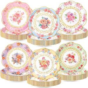 Zhehao 96 Pcs 7 Inch Vintage Floral Flower Decorative Plates Bulk Tea Party Watercolor Disposable Dessert Scalloped Paper Plates for Birthday Wedding Baby Shower Bloom Decoration Supplies, 6 Styles
