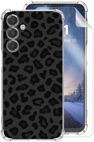 Tudguiloae for Samsung Galaxy A55 5G Clear Phone Case, Lightweight Transparent TPU, Shockproof Four Corner Anti-Fall Protective Cover 6.6" for Galaxy A55 with Screen Protector, Black Leopard Print
